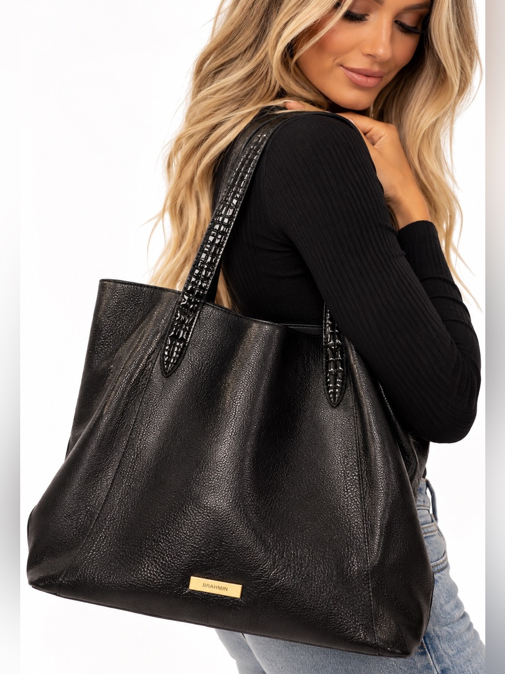 Brahmin Brooke Large Black Leather Tote Removable Pouch New